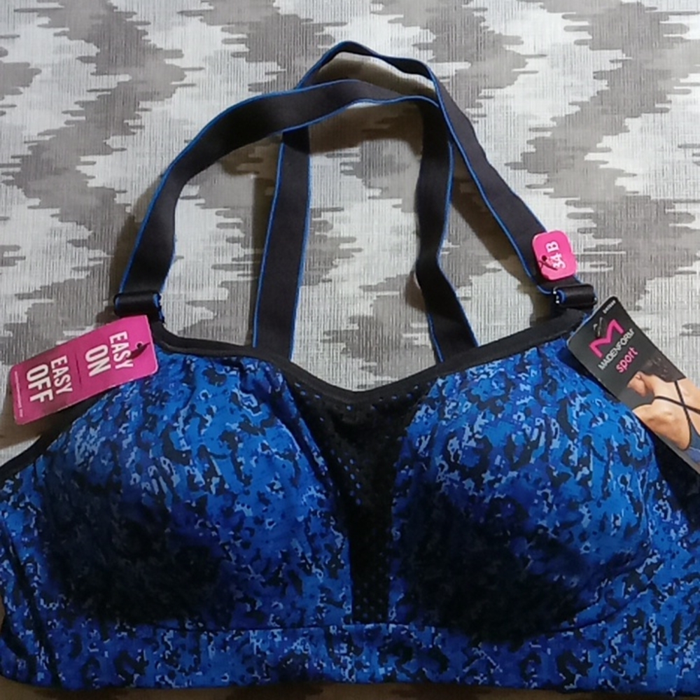 NWT MADENFORM Sport Blue/Black Sports Bra w/ Adjustable Straps & Snaps-Size 34B
